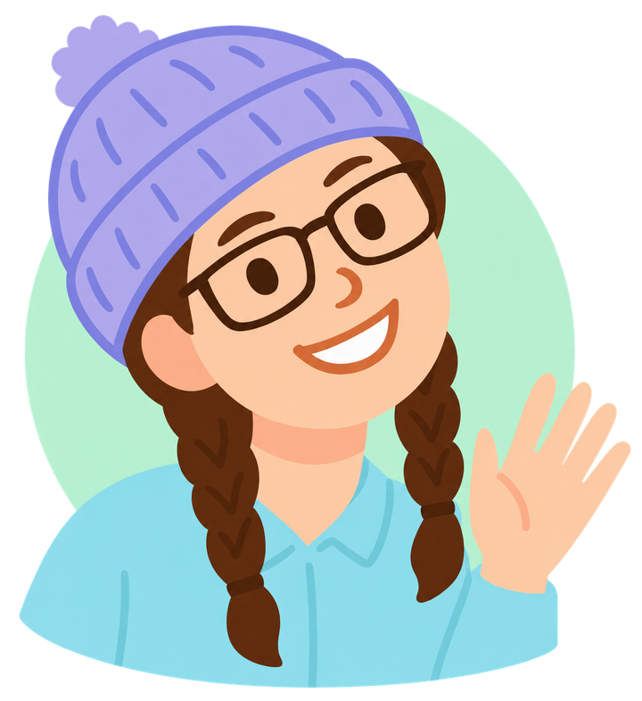 Illustration of Jess smiling and waving, wearing glasses and a lilac hat