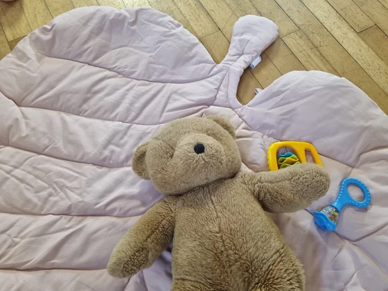 A teddy bear and rattles on a soft leaf-shaped mat