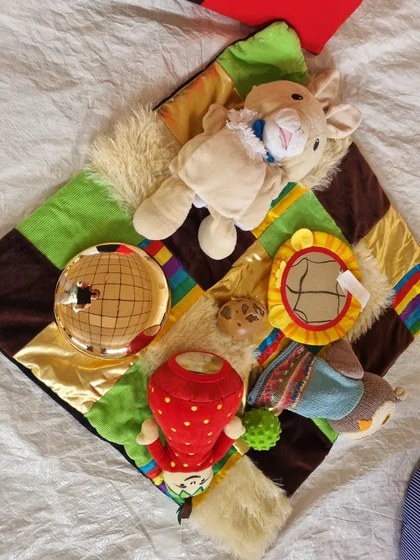 A soft lion toy and tactile resources on a textured play mat